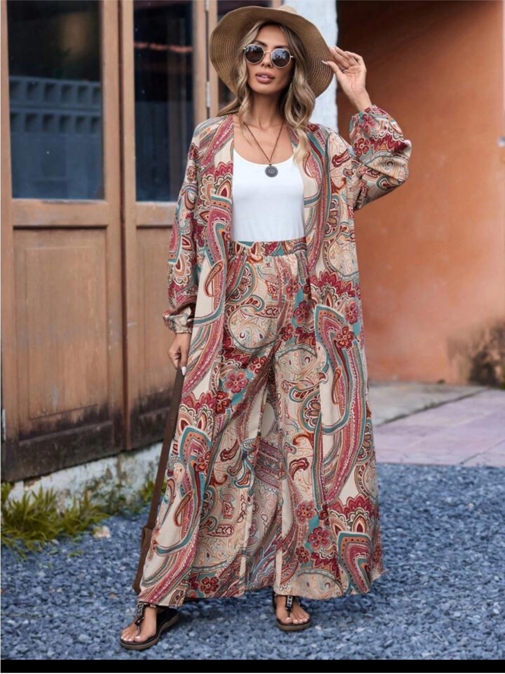 EUC Boho Paisley Print Two-Piece Set in Beige, Teal & Rust